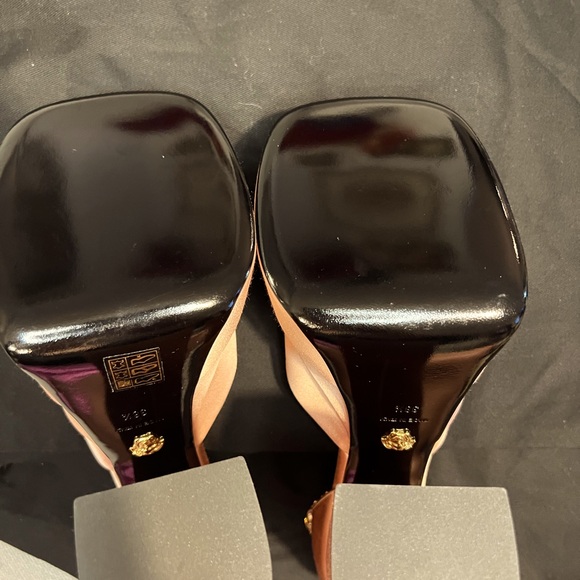Versace Bronze Satin Platform Heels with Gold Accents - Picture 6 of 10